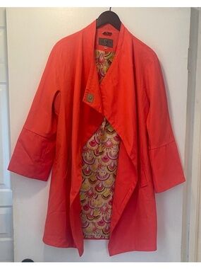 Ralph Lauren Double RL Coral Red Open-Front Coat with Printed Lining